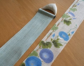 100％ Linen Morning glory Hand painted Long and Narrow Japanese art Modern tapestry Japan Kawaii 10×170cm Wall hanging,Japanese hanging