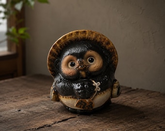 Japanese Tanuki Statue, Shigaraki Ware Raccoon Dog, Kawaii Ceramic Lucky Charm, Traditional Folk Art Decor, 17.5cm