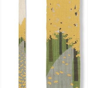 100% Linen Ginkgo row of trees Hand painted Long and Narrow Japanese art Modern tapestry 10×170cm Wall hanging,Japanese hanging
