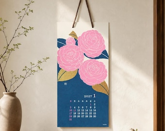 MIDORI 2027 Echizen Washi Wall Calendar, Small Floral Japanese Paper Calendar, Traditional Flower Art, Made in Japan