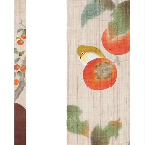 100% Linen Long and Narrow Japanese art Modern tapestry Japan Kawaii 10×175cm Wall hanging,Japanese hanging,Persimmon Bird