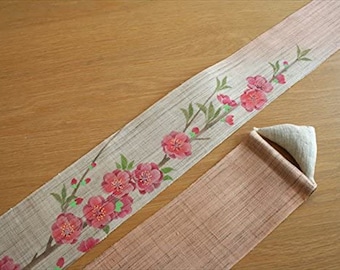 100% Linen Peach Flower Hand painted Long and Narrow Japanese art Modern tapestry Japan 10×170cm Wall hanging,Japanese hanging