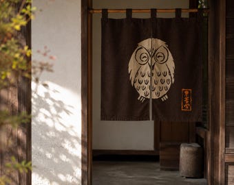 Lucky Owl Japanese Noren Curtain, Kawaii Owl Wall Hanging, Cotton Doorway Divider, Japanese Home Decor, 90x83cm, Made in Japan