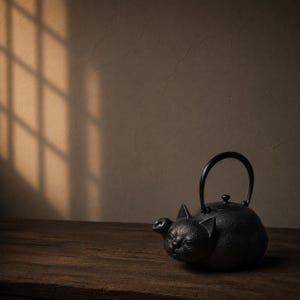 以下が含まれることがあります： 眠っている猫の形をした黒い鋳鉄製のティーポット。ティーポットは質感のある表面、湾曲したハンドル、小さな蓋のつまみ、猫の口元から伸びる注ぎ口が特徴です。猫の耳や顔の造形が施されたデザインとなっています。