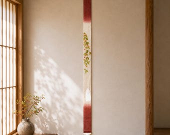Japanese Kadsura Linen Wall Hanging, Botanical Tapestry, Kyoto Handmade Japandi Decor, 100% Linen, 10x170cm, Made in Japan