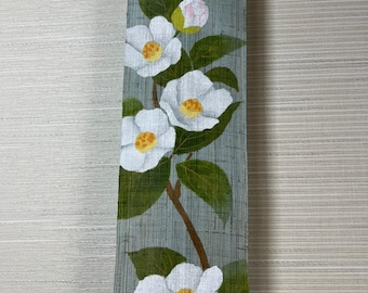 100% Linen Summer camellia Hand painted Long and Narrow Japanese art Modern tapestry Japan Kawaii 10×170cm Wall hanging,Japanese hanging