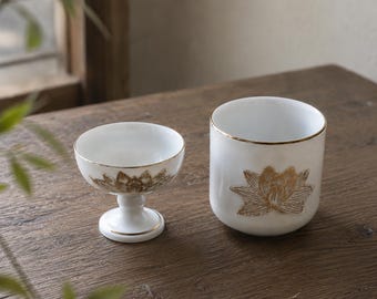 Japanese Buddhist Altar Offering Set, White Porcelain Cup & Dish Set of 2, Butsudan Temple Accessories