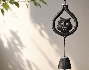 Nanbu Iron Lucky Owl Furin Wind Chime, Japanese Cast Iron Wind Bell, Zen Garden Decor, Handmade in Japan