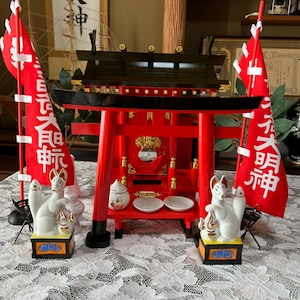 Japan Wooden KAMIDANA Altar Home Jinjya Inari SET Shinto Shrine Red 005