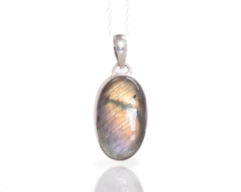 Stunning Violet and Yellow Labradorite Necklace Round Blue Silver Plated Pendant 18 Inch Sterling Silver