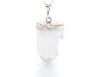 Quartz Crystal Necklace Clear Twin Pendant with Adjustable Sterling Silver Rolo Chain