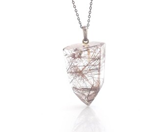 Quartz Crystal Necklace Red Rutilated Polished Point Pendant with 16 Inch Oxidized Silver Rolo Chain