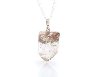Rutilated Quartz Crystal Necklace Polished Point Pendant with Adjustable Sterling Silver Rolo Chain