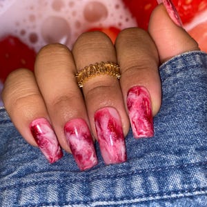 Berries and Cream | Red, White and Pink Glitter Marble Press On Nails | Glue Kit Included