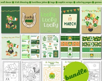 Printable St Patricks Day Decorations and Game Bundle, instant download, coloring pages, napkin and bottle wraps, wall art, Irish Blessing,
