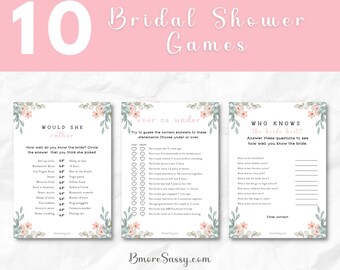10 Pink Floral Printable Bridal Shower Games INSTANT DOWNLOAD, Would you rather, who knows bride best, word search, printable party games