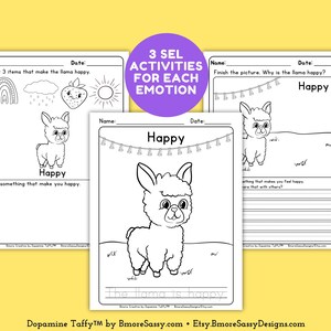 Puede incluir: Tres hojas de actividades SEL en blanco y negro con ilustraciones de llamas y indicaciones para colorear, dibujar y escribir. El texto incluye "Happy" y "3 SEL ACTIVITIES FOR EACH EMOTION".
