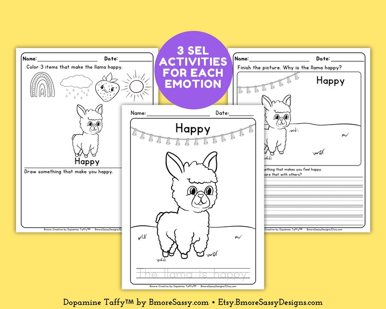 Puede incluir: Tres hojas de actividades SEL en blanco y negro con ilustraciones de llamas y indicaciones para colorear, dibujar y escribir. El texto incluye "Happy" y "3 SEL ACTIVITIES FOR EACH EMOTION".