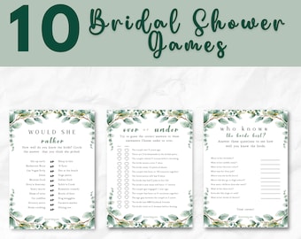 10 Green Floral Printable Bridal Shower Games INSTANT DOWNLOAD would you rather, who knows bride best, drink if, and more bride party games