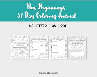 Puede incluir: Un diario de colorear digital de 31 días titulado New Beginnings, disponible en formatos PDF US Letter y A5. Las páginas presentan dibujos de líneas en blanco y negro, incluyendo objetivos, listas de deseos y mandalas con el texto Start the year energized.