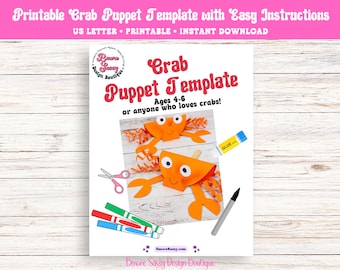 Printable DIY Cute Crab Puppet, easy kids crab puppet craft, instant download, low prep easy clean up instant fun for anyone who loves crabs