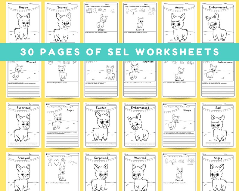 Puede incluir: Un conjunto de 30 hojas de trabajo de SEL (Aprendizaje Socioemocional). Cada hoja de trabajo presenta una llama de dibujos animados que expresa diferentes emociones como feliz, asustado o enojado. Las hojas de trabajo est&aacute;n dise&ntilde;adas para colorear e incluyen indicaciones.