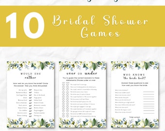 10 Blue Floral Printable Bridal Shower Games INSTANT DOWNLOAD would you rather, who knows bride best, drink if, and more bride party games