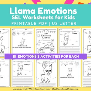 Puede incluir: Hojas de trabajo PDF imprimibles para ni&ntilde;os con ilustraciones de llamas que expresan diversas emociones. Las hojas de trabajo incluyen actividades para cada emoci&oacute;n, como triste, feliz y sorprendido. El texto dice "Llama Emotions SEL Worksheets for Kids".