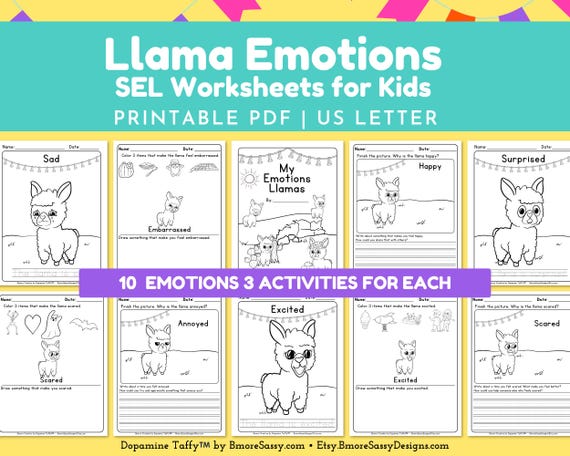 Llama Emotions Coloring Pages | SEL Printable for Kids | Calming Corner Kit | Feelings Worksheets | ADHD Friendly Activity | PLR