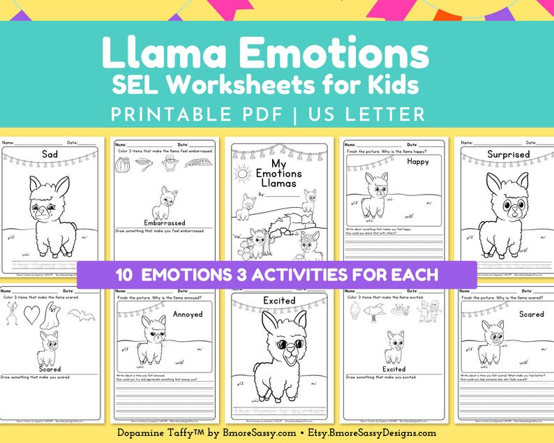 Puede incluir: Hojas de trabajo PDF imprimibles para ni&ntilde;os con ilustraciones de llamas que expresan diversas emociones. Las hojas de trabajo incluyen actividades para cada emoci&oacute;n, como triste, feliz y sorprendido. El texto dice "Llama Emotions SEL Worksheets for Kids".
