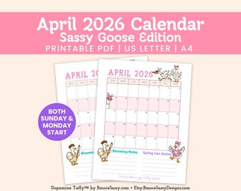 April 2026 Calendar Printable | Silly Goose Monthly Planner | Cute Spring Monthly Planner PDF | US Letter & A4 | Sunday Monday Start