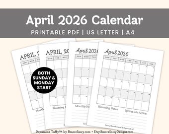 April 2026 Calendar Printable | Minimal Monthly Planner | Neutral Aesthetic Calendar | PDF Download US Letter A4