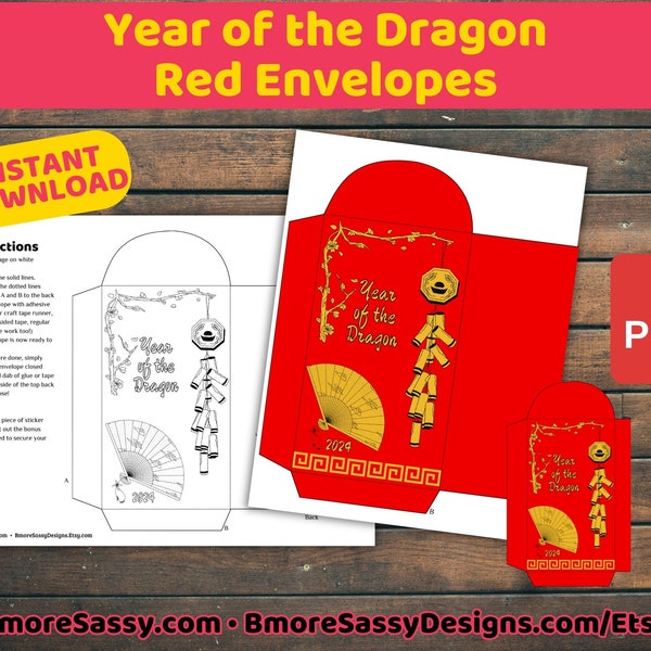 Printable Red Envelope 2024 Chinese New Year- Red Envelope Coloring for Kids, Year of the Dragon, BONUS Stickers, Lunar New Year