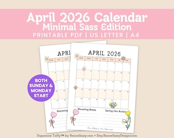 April 2026 Calendar Printable | Minimal Floral Calendar PDF | Aesthetic Monthly Planner | Cute Spring Calendar | US Letter A4 Download