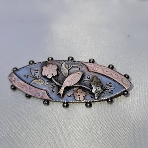 May include: An oval-shaped antique brooch with a bird and floral design. The brooch features a silver base with a blue center, accented with pink and gold details. The bird is perched on a branch, surrounded by flowers and leaves. The edges are lined with small, dark beads.