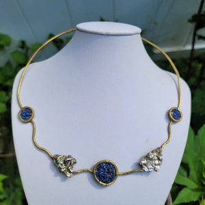 Unique Mid Century Lapis, Sterling  and Brass Necklace