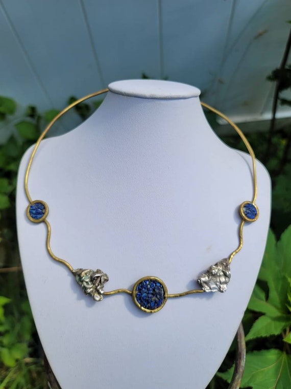 Unique Mid Century Lapis, Sterling  and Brass Nec… - image 1