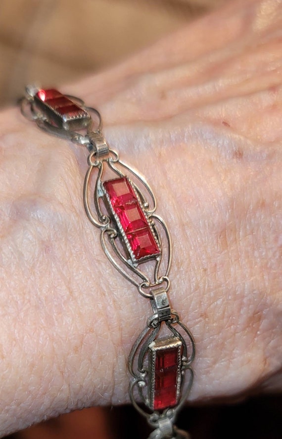 Vintage Silver and Ruby Glass Bracelet - image 7