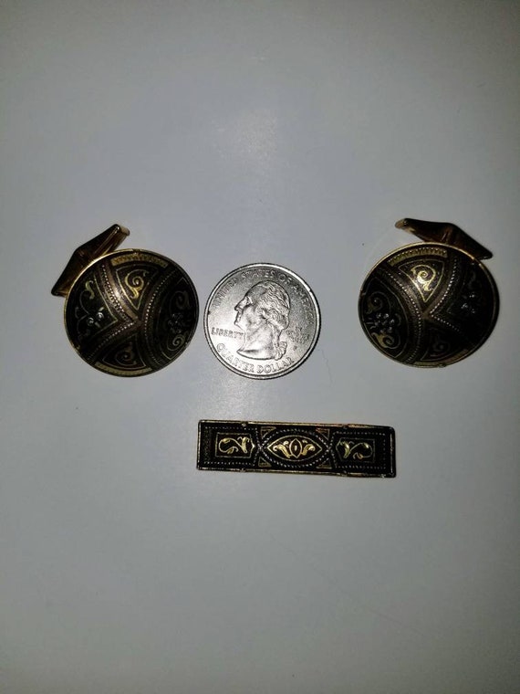 Vintage Damascene Cufflinks and Tie Clip Spain - image 5