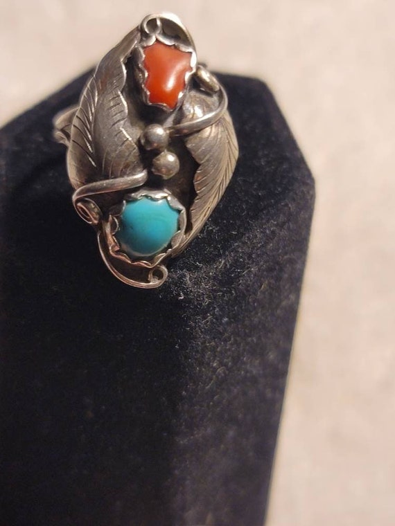 Sterling Turquoise and Coral Southwest Ring