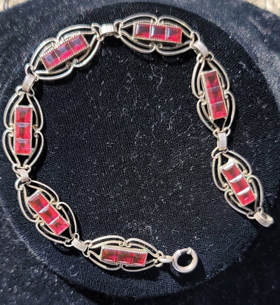 Vintage Silver and Ruby Glass Bracelet - image 4