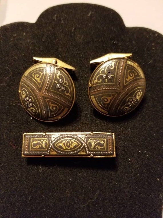 Vintage Damascene Cufflinks and Tie Clip Spain - image 2