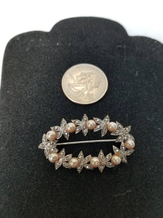 Vintage Silver Marcacite Pearl Brooch Pin - image 3