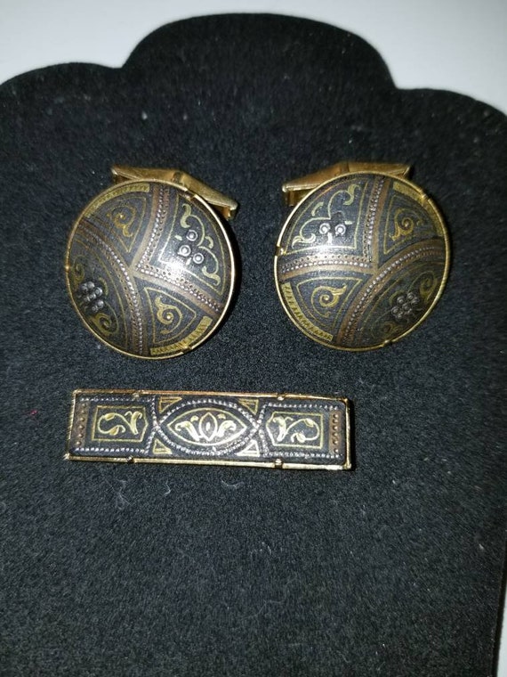 Vintage Damascene Cufflinks and Tie Clip Spain - image 1