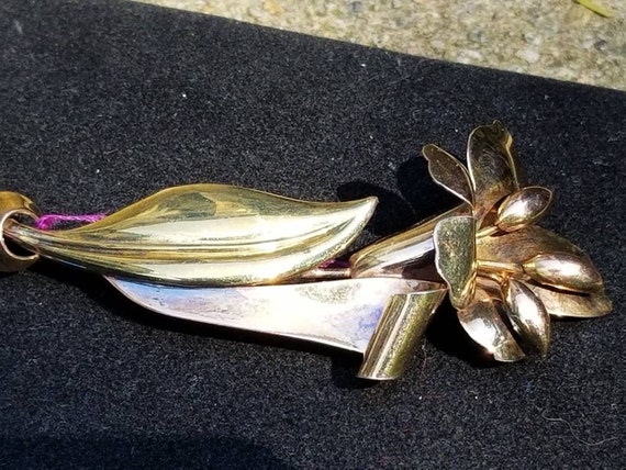 12k Gold On Sterling Flower Brooch Pin - image 1