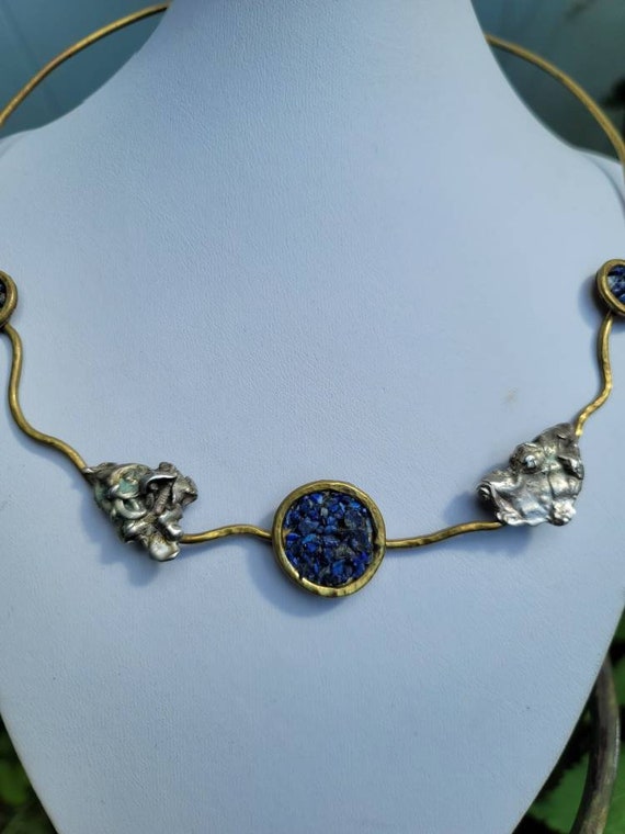 Unique Mid Century Lapis, Sterling  and Brass Nec… - image 2