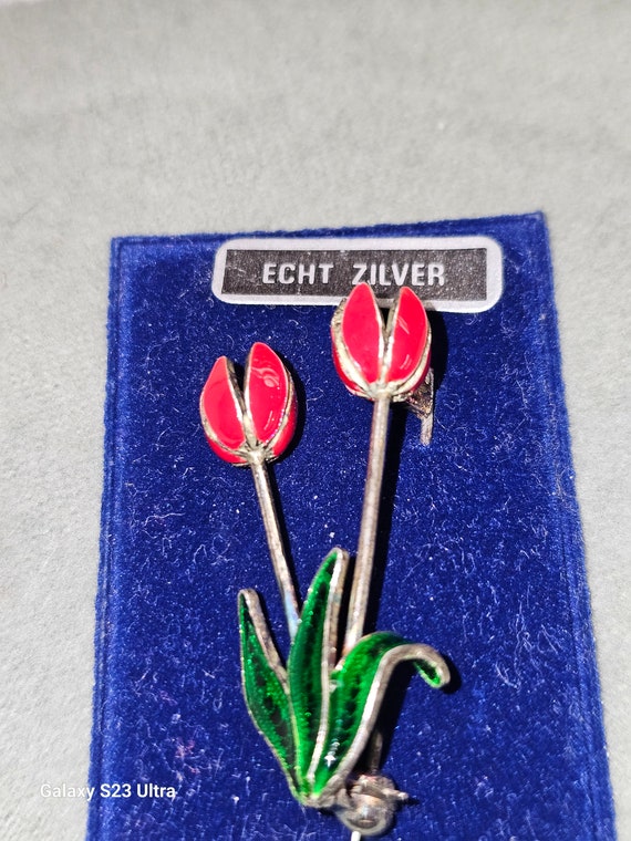 Vintage Enamel on Sterling Tulip Brooch Pin