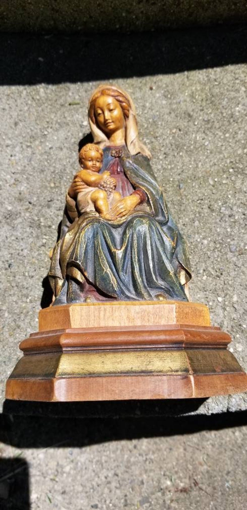 Madonna and Child Vintage Hand Carved and Painted Wood Religious Figure Italy