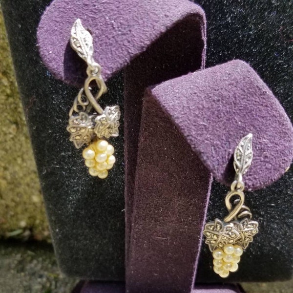 Art Deco Sterling Silver  Marcacite and Pearl Grape Cluster Earrings