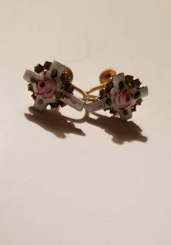 Vintage Guilloche Cross Rose Enamel Earrings